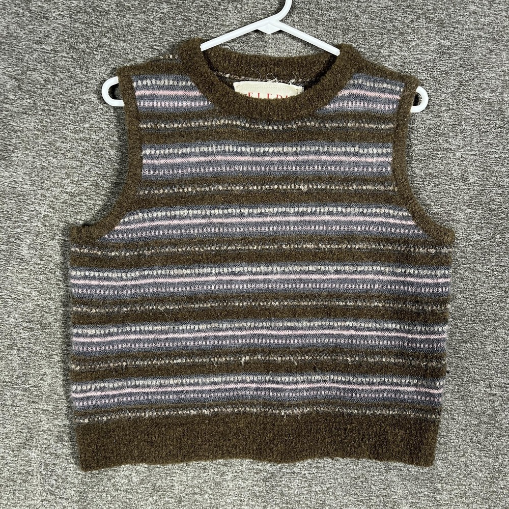 ELEPH Sweater Vest Womens XS Brown Pink Stripe Wool‎ Blend Fuzzy Crew Neck